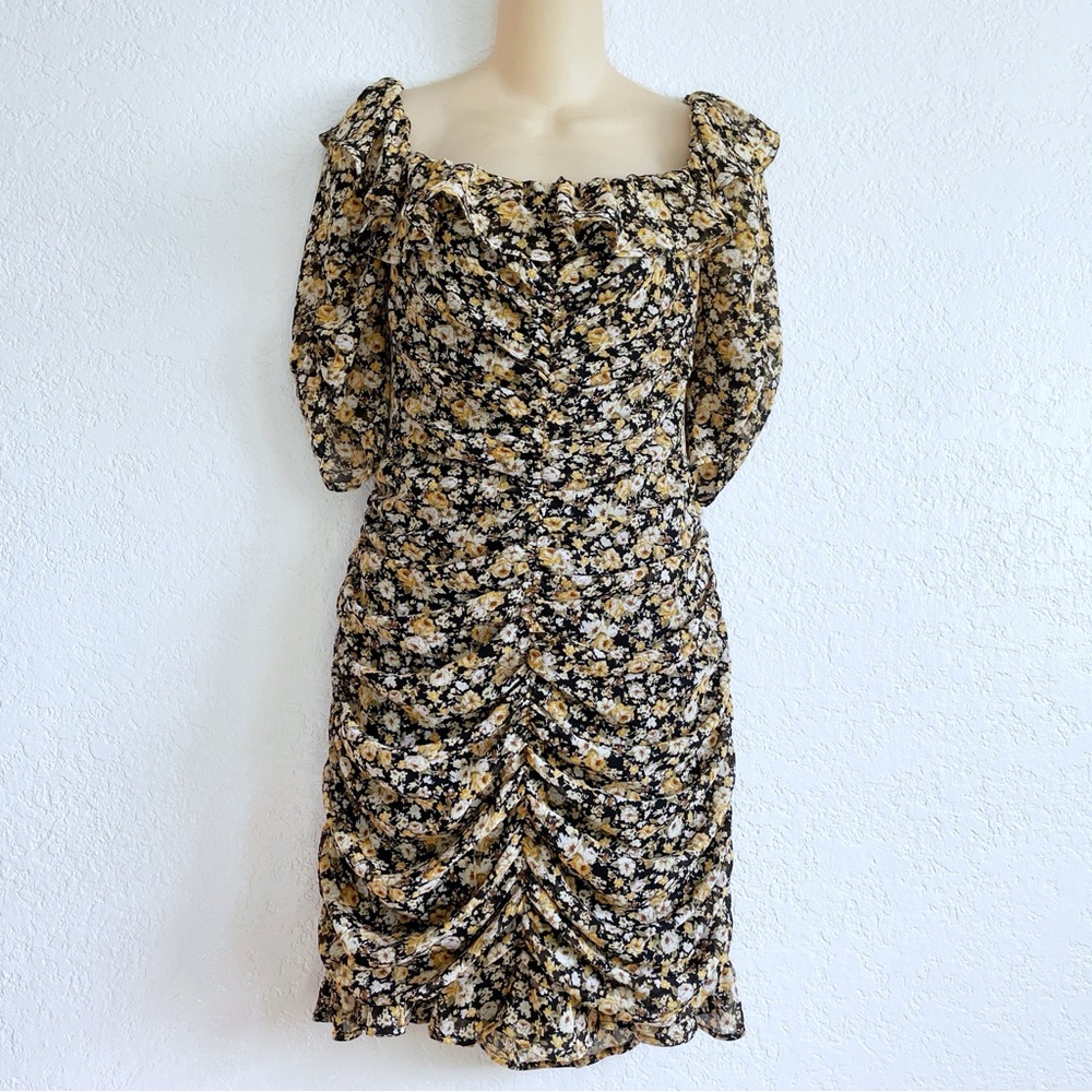 ASTR The Label Ditzy Black Gold Floral Ruched Short Dress LARGE Off Shoulder
